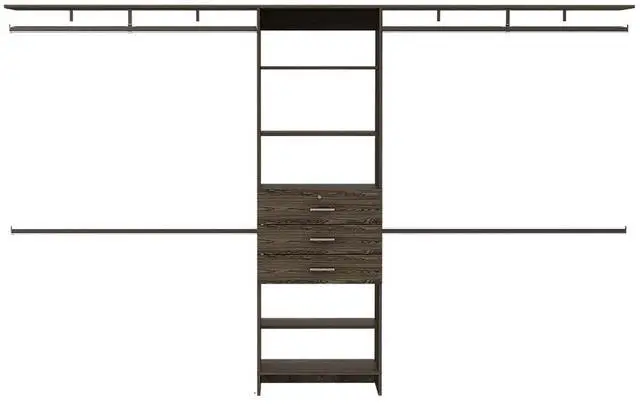 Alt view image 2 of 7 - Plego 69"W - 118"W Drawers Closet System, Five Shelves, Four Hanging Rods, Three Drawers -Dark Walnut