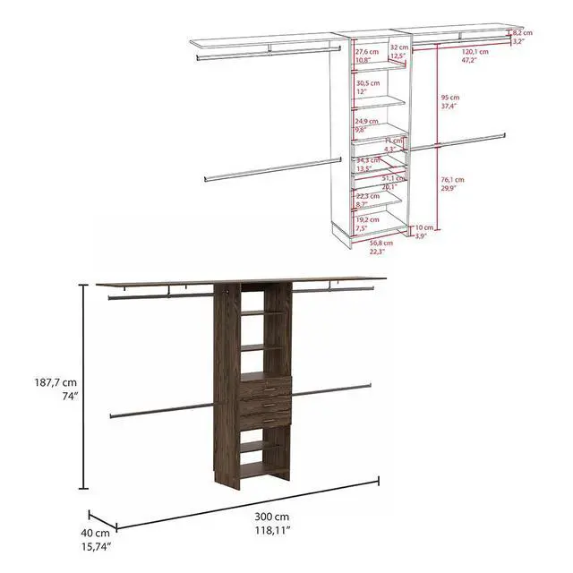Alt view image 3 of 7 - Plego 69"W - 118"W Drawers Closet System, Five Shelves, Four Hanging Rods, Three Drawers -Dark Walnut