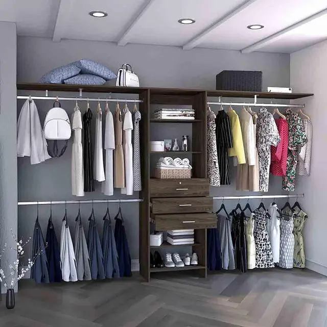 Alt view image 4 of 7 - Plego 69"W - 118"W Drawers Closet System, Five Shelves, Four Hanging Rods, Three Drawers -Dark Walnut