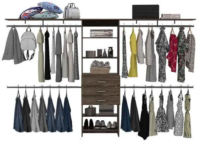 Alt view image 5 of 7 - Plego 69"W - 118"W Drawers Closet System, Five Shelves, Four Hanging Rods, Three Drawers -Dark Walnut