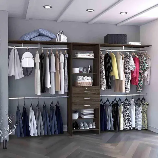 Main image of Plego 69"W - 118"W Drawers Closet System, Five Shelves, Four Hanging Rods, Three Drawers -Dark Walnut