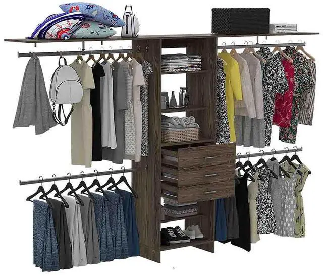 Alt view image 7 of 7 - Plego 69"W - 118"W Drawers Closet System, Five Shelves, Four Hanging Rods, Three Drawers -Dark Walnut