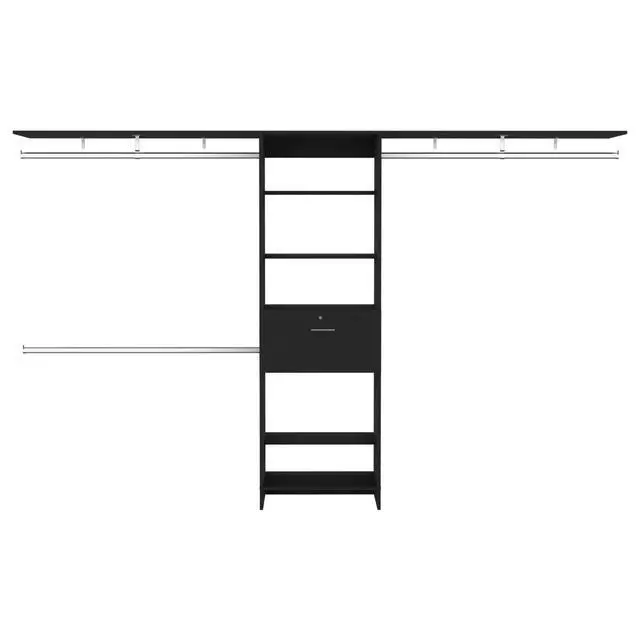 Alt view image 2 of 7 - Plego 70"W - 118"W Drawers Closet System, One Drawer,Three Hanging Rods, Five Shelves -Black