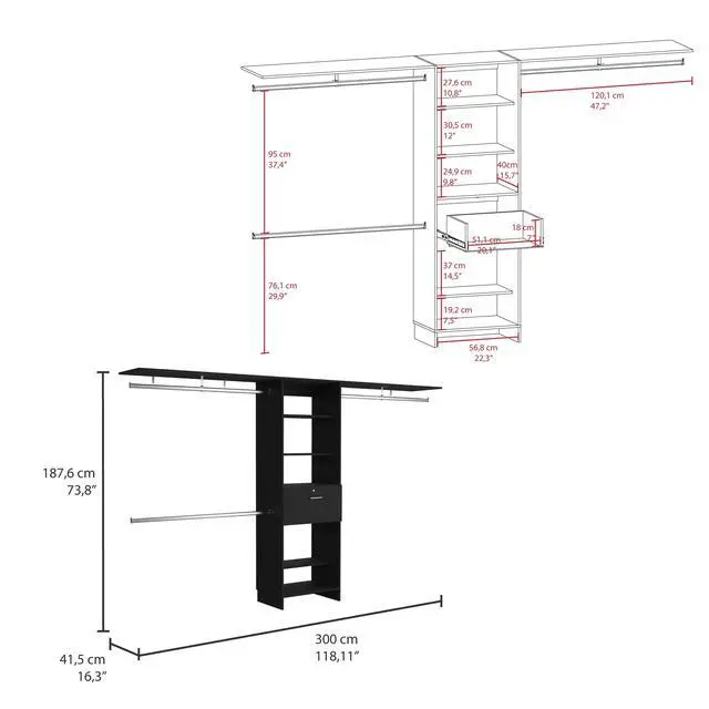 Alt view image 3 of 7 - Plego 70"W - 118"W Drawers Closet System, One Drawer,Three Hanging Rods, Five Shelves -Black