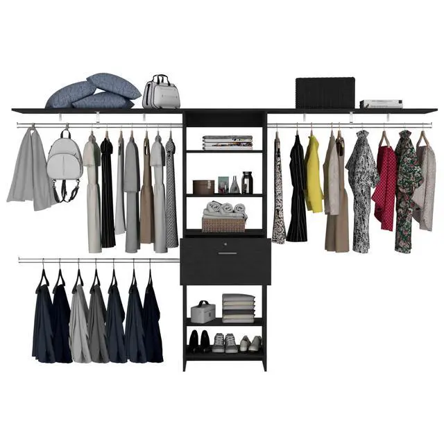 Alt view image 5 of 7 - Plego 70"W - 118"W Drawers Closet System, One Drawer,Three Hanging Rods, Five Shelves -Black