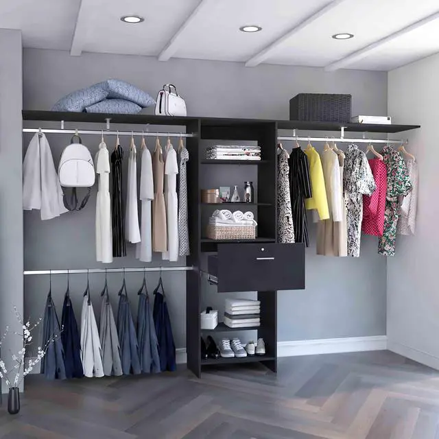 Alt view image 4 of 7 - Plego 70"W - 118"W Drawers Closet System, One Drawer,Three Hanging Rods, Five Shelves -Black