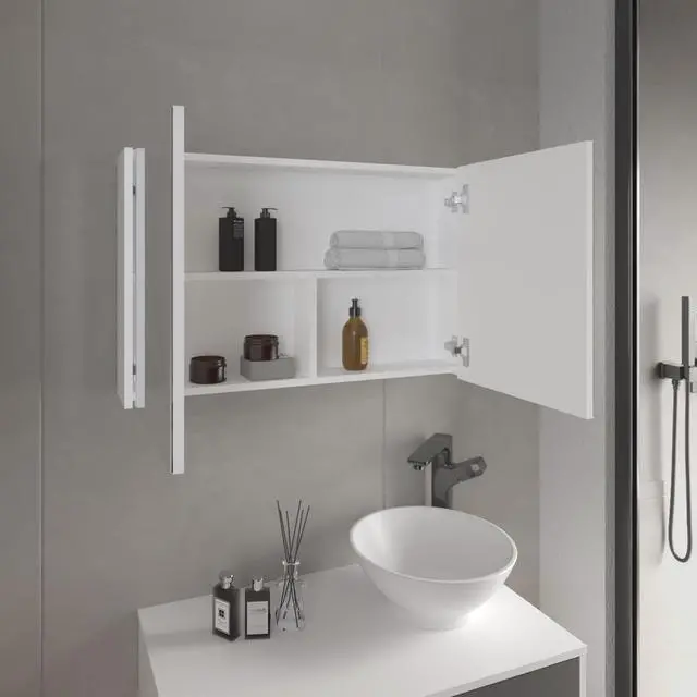 Alt view image 5 of 7 - Bouti 19.7" H x 31.5" W Double Door Mirror Medicine Cabinet, Three interior Shelves for Bathroom, Kitchen White