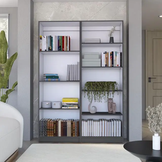 Main image of 2 Piece Bookcase Living Room Set, Storage Cabinet, 49" Wide and 9 Shelves Matt Gray / White