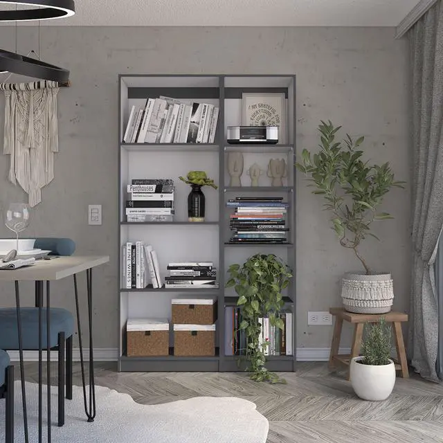 Main image of 2 Piece Bookcase Living Room Set, Storage Cabinet, 42" Wide and 9 Shelves Matt Gray / White