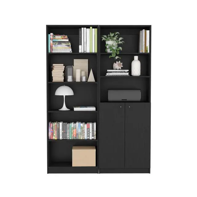 Alt view image 2 of 6 - Layton 2 Piece Home Bookcase set, 49" Wide with 8 Shelves and Double Door Cabinet, Living Room Set Black
