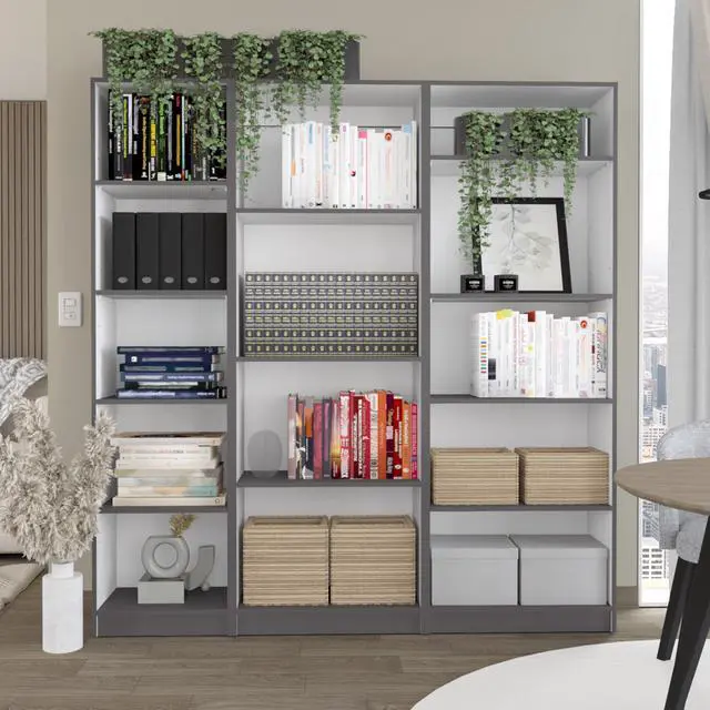 Main image of Dupree 3 Piece Home Bookcase set, 67" Wide with 14 Shelves , Living Room Set Set Mat Gray - White