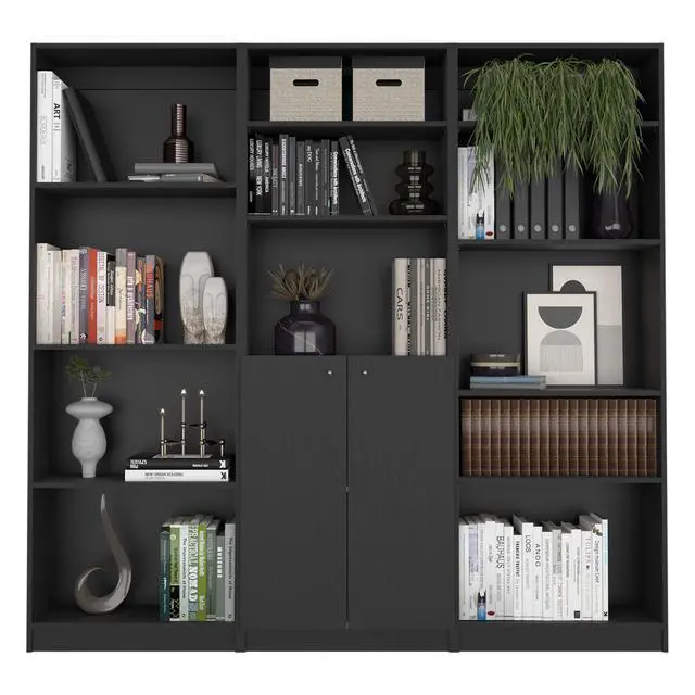 Alt view image 2 of 7 - Aynor 3 Piece Home Bookcase set, 74" Wide with 12 Shelves and Two-Door Cabinet , Living Room Set Set Black
