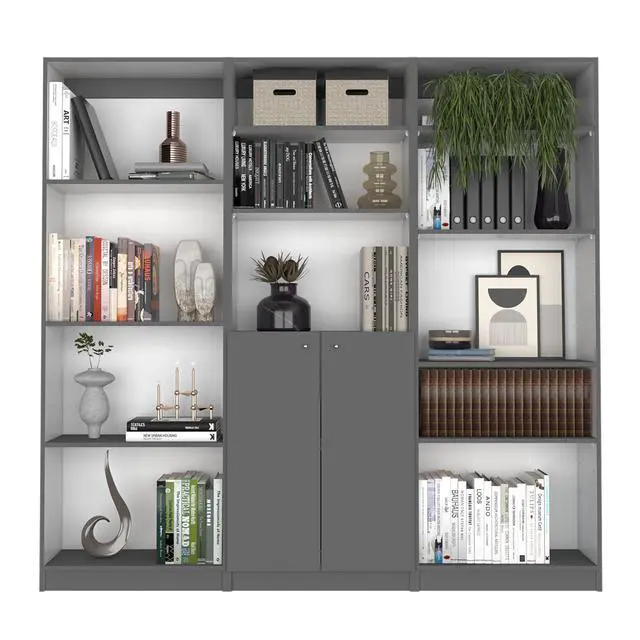 Alt view image 2 of 7 - Aynor 3 Piece Home Bookcase set, 74" Wide with 12 Shelves and 2-door Cabinet , Living Room Set Matt Gray / White