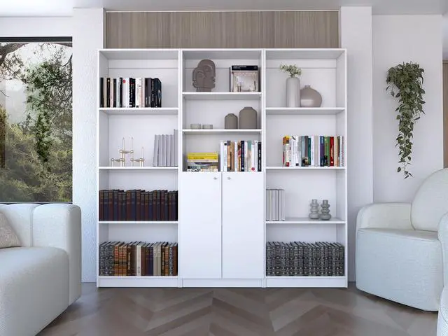 Main image of Duette 3 Piece Home Bookcase set, 74" Wide with 11 Shelves and 2-door Cabinet , Living Room Set White