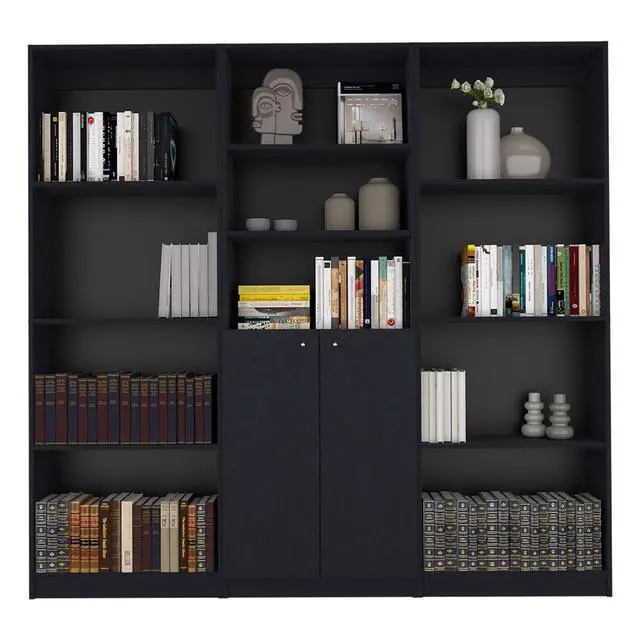 Alt view image 2 of 6 - Duette 3 Piece Home Bookcase set, 74" Wide with 11 Shelves and Two-Door Cabinet , Living Room Set Set Black