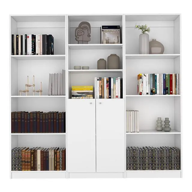 Alt view image 2 of 6 - Duette 3 Piece Home Bookcase set, 74" Wide with 11 Shelves and 2-door Cabinet , Living Room Set White