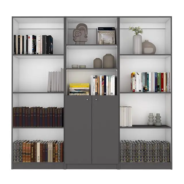Alt view image 2 of 6 - Duette 3 Piece Home Bookcase set, 74" Wide with 11 Shelves and 2-door Cabinet , Living Room Set Matt Gray / White