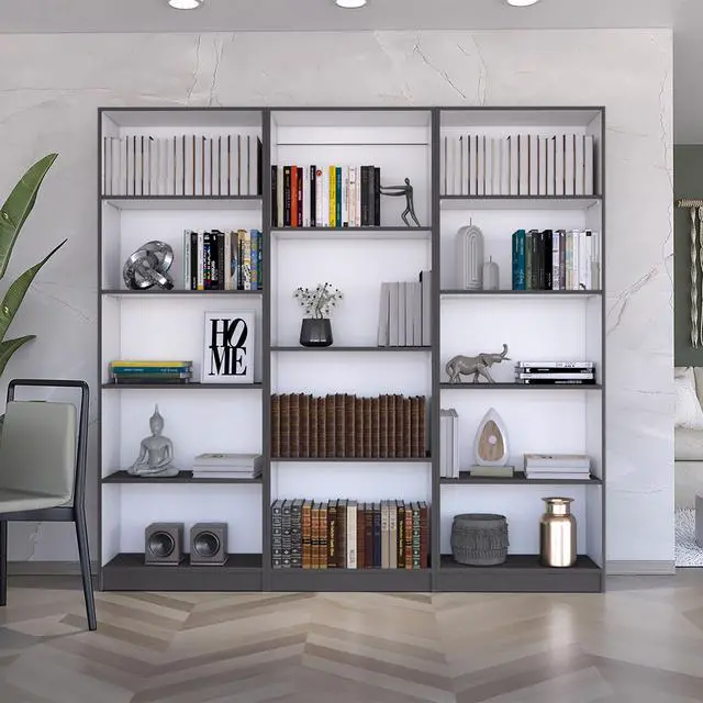 Main image of Bartow 3 Piece Home Bookcase set, 74" Wide with 14 Shelves , Living Room Set Set Matt Gray - White