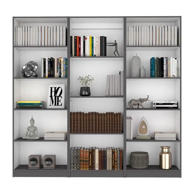 Alt view image 2 of 6 - Bartow 3 Piece Home Bookcase set, 74" Wide with 14 Shelves , Living Room Set Set Matt Gray - White