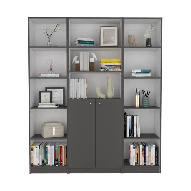 Alt view image 2 of 7 - June 3 Piece Home Bookcase set, 60" Wide with 13 Shelves and 2-door Cabinet , Living Room Set Matt Gray / White