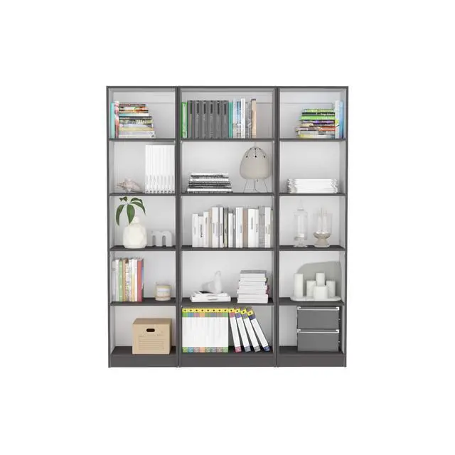 Alt view image 2 of 6 - Bartow 3 Piece Home Bookcase set, 60" Wide with 15 Shelves , Living Room Set Set Matt Gray - White
