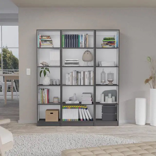Main image of Bartow 3 Piece Home Bookcase set, 60" Wide with 15 Shelves , Living Room Set Set Matt Gray - White
