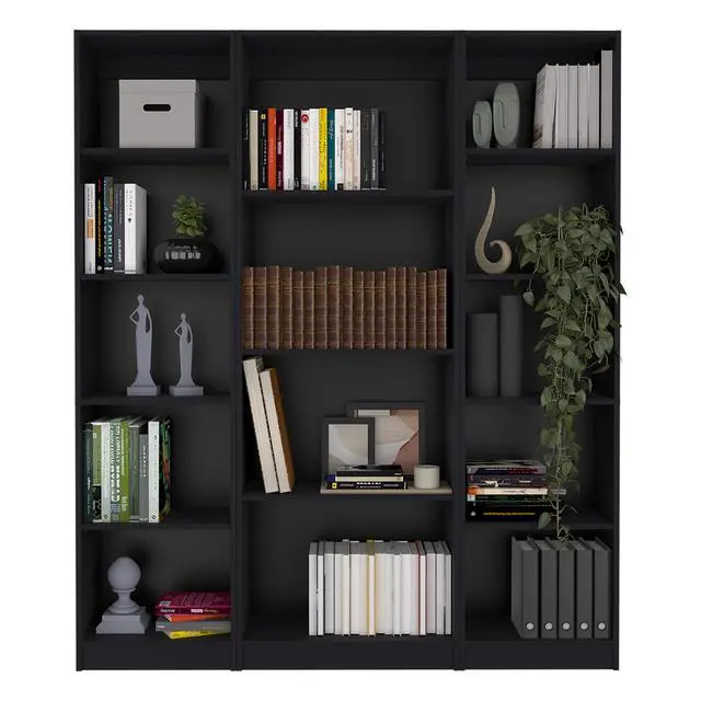 Alt view image 2 of 6 - Davie 3 Piece Home Bookcase set, 60" Wide with 14 Shelves , Living Room Set Set Black