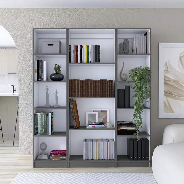Main image of Davie 3 Piece Home Bookcase set, 60" Wide with 14 Shelves , Living Room Set Set Matt Gray - White