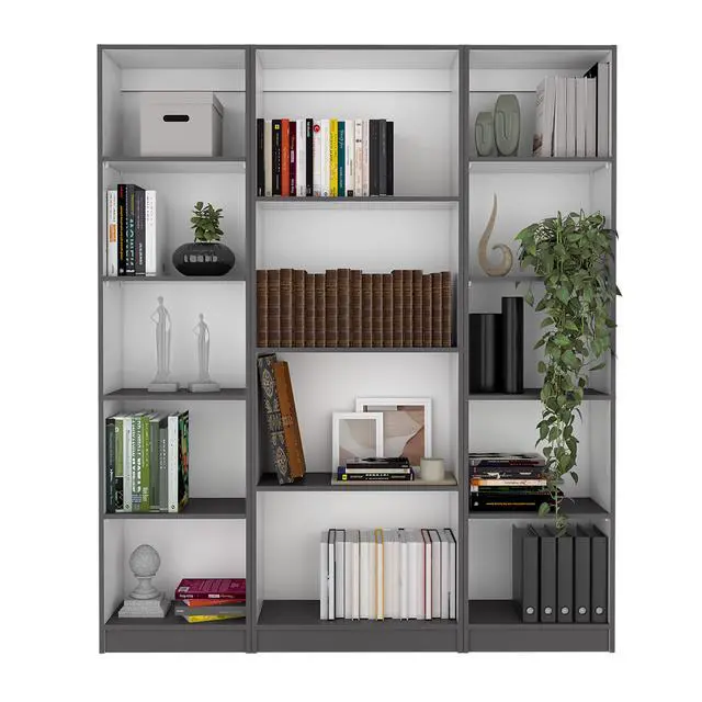 Alt view image 2 of 6 - Davie 3 Piece Home Bookcase set, 60" Wide with 14 Shelves , Living Room Set Set Matt Gray - White