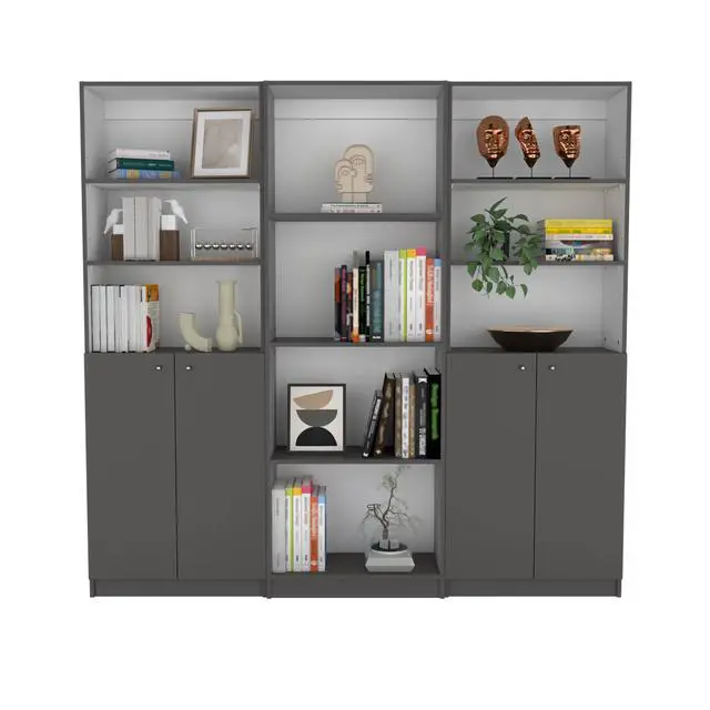 Alt view image 2 of 6 - Hialeah 3 Piece Home Bookcase set, 74" Wide with 10 Shelves and Two Double-Door Cabinet , Living Room Set Matt Gray / White