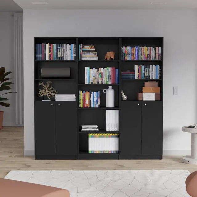 Main image of Arbor 3 Piece Home Bookcase set, 74" Wide with 11 Shelves and Two Double-Door Cabinet , Living Room Set Set Black