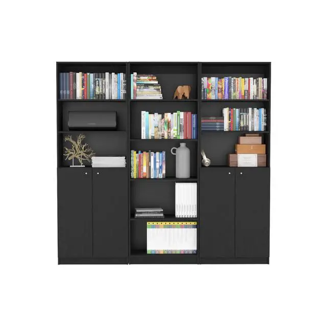 Alt view image 2 of 6 - Arbor 3 Piece Home Bookcase set, 74" Wide with 11 Shelves and Two Double-Door Cabinet , Living Room Set Set Black