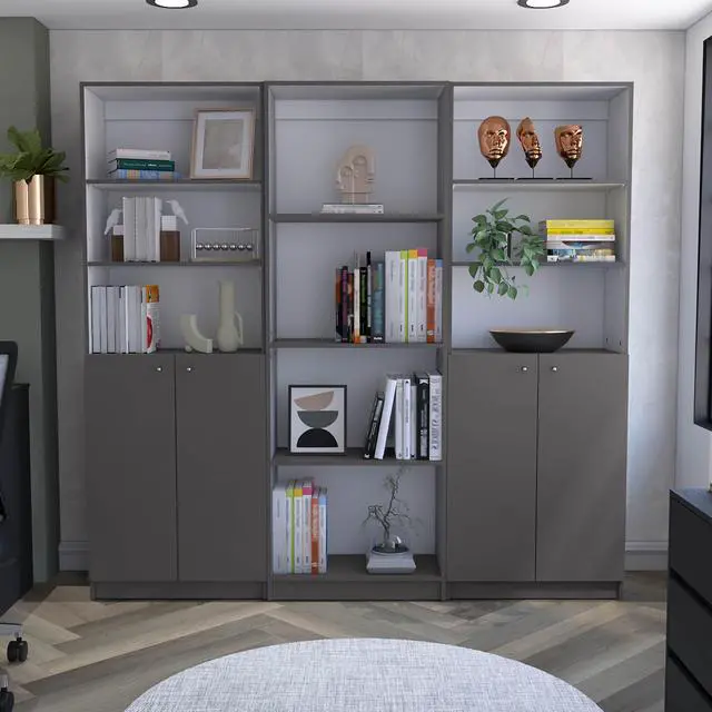 Main image of Hialeah 3 Piece Home Bookcase set, 74" Wide with 10 Shelves and Two Double-Door Cabinet , Living Room Set Matt Gray / White