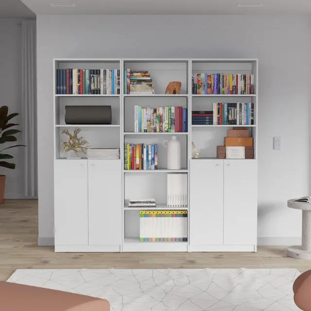 Main image of Arbor 3 Piece Home Bookcase set, 74" Wide with 11 Shelves and Two Double-Door Cabinet , Living Room Set White