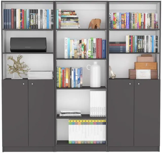 Alt view image 2 of 7 - Arbor 3 Piece Home Bookcase set, 74" Wide with 11 Shelves and Two Double-Door Cabinet , Living Room Set Matt Gray / White