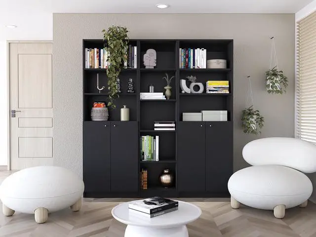 Main image of Acres 3 Piece Home Bookcase set, 67" Wide with 11 Shelves and Two Double-Door Cabinet , Living Room Set Set Black