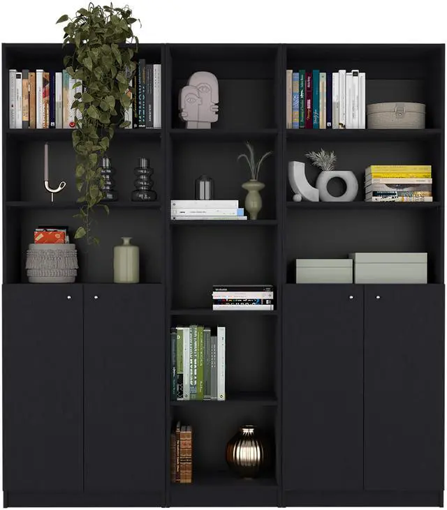 Alt view image 2 of 6 - Acres 3 Piece Home Bookcase set, 67" Wide with 11 Shelves and Two Double-Door Cabinet , Living Room Set Set Black