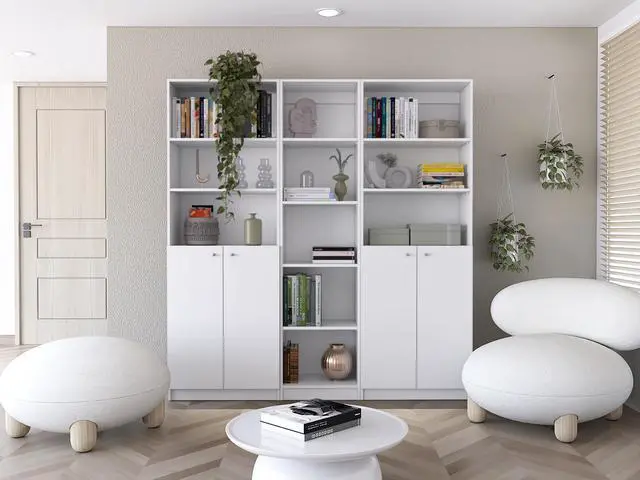 Main image of Acres 3 Piece Home Bookcase set, 67" Wide with 11 Shelves and Two Double-Door Cabinet , Living Room Set White