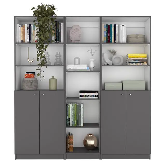 Alt view image 2 of 6 - Acres 3 Piece Home Bookcase set, 67" Wide with 11 Shelves and Two Double-Door Cabinet , Living Room Set Matt Gray / White
