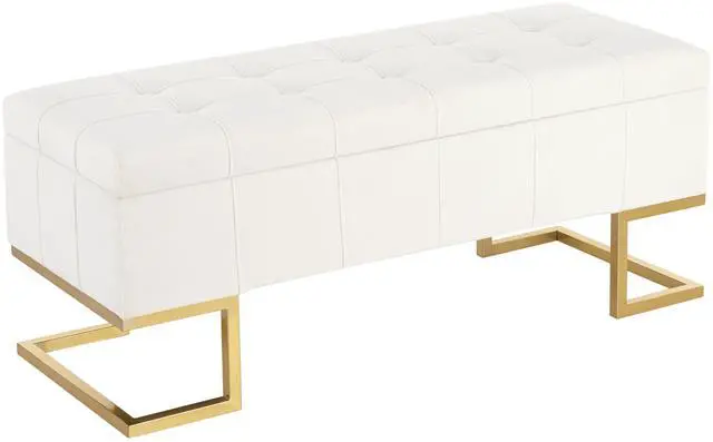 Main image of Contemporary Storage Bench in Gold Steel and White Velvet