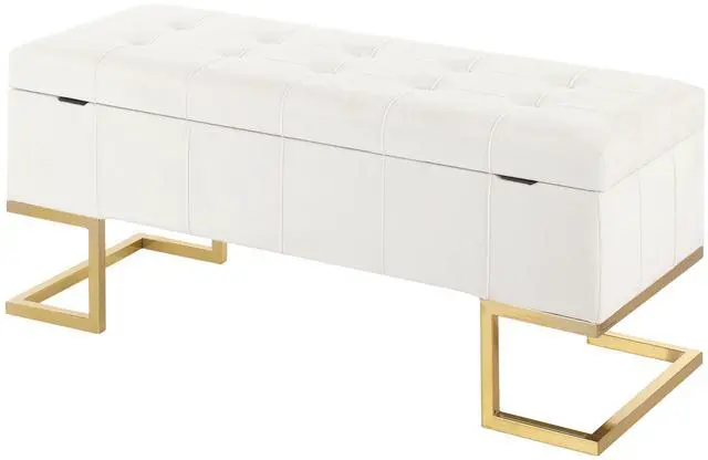 Alt view image 4 of 5 - Contemporary Storage Bench in Gold Steel and White Velvet