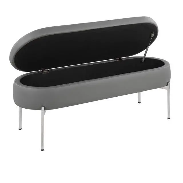 Alt view image 2 of 7 - Contemporary Storage Bench in Chrome Metal and Grey Faux Leather