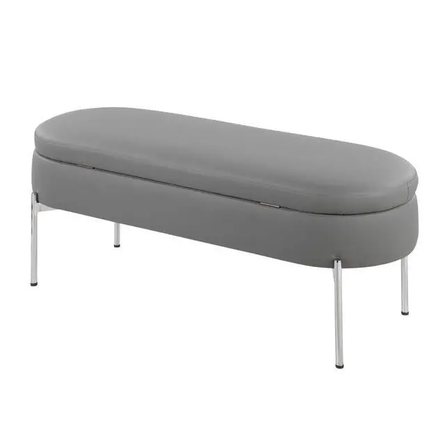 Alt view image 4 of 7 - Contemporary Storage Bench in Chrome Metal and Grey Faux Leather