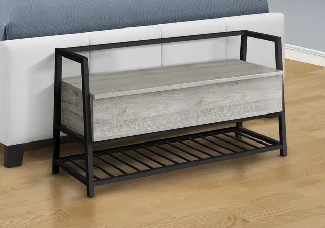 Alt view image 3 of 7 - Bench, Entryway, Hallway, Storage, 42" Rectangular, Grey Laminate, Black Metal, Contemporary, Modern