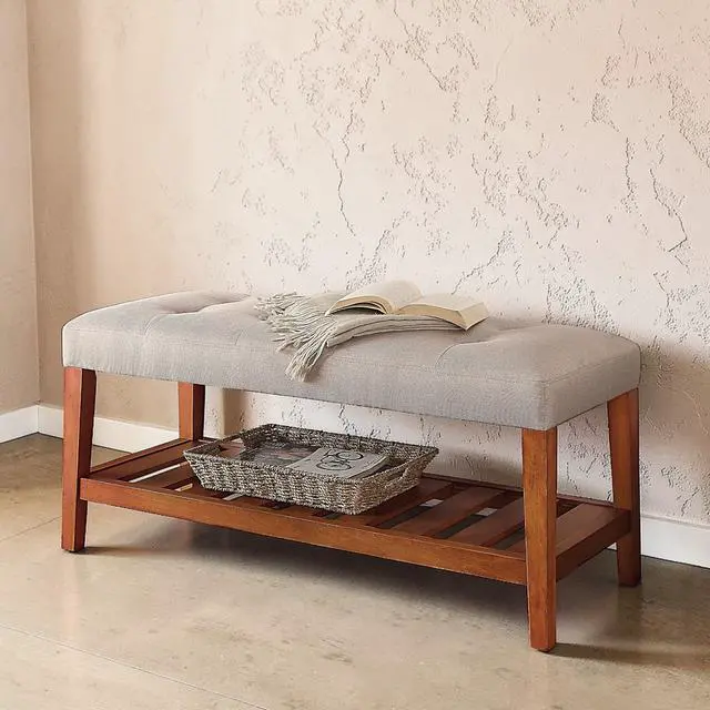 Alt view image 2 of 5 - Charla Light Gray Fabric & Oak Finish Bench