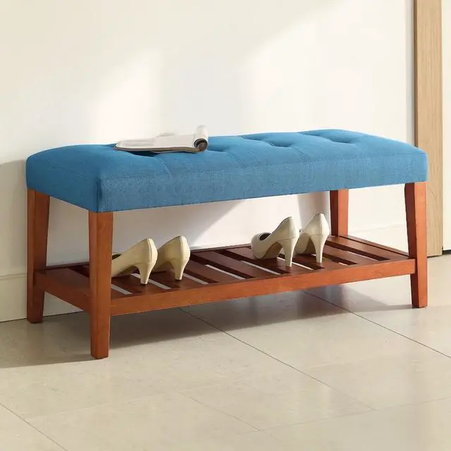 Alt view image 2 of 6 - Charla Light Blue Fabric & Oak Finish Bench