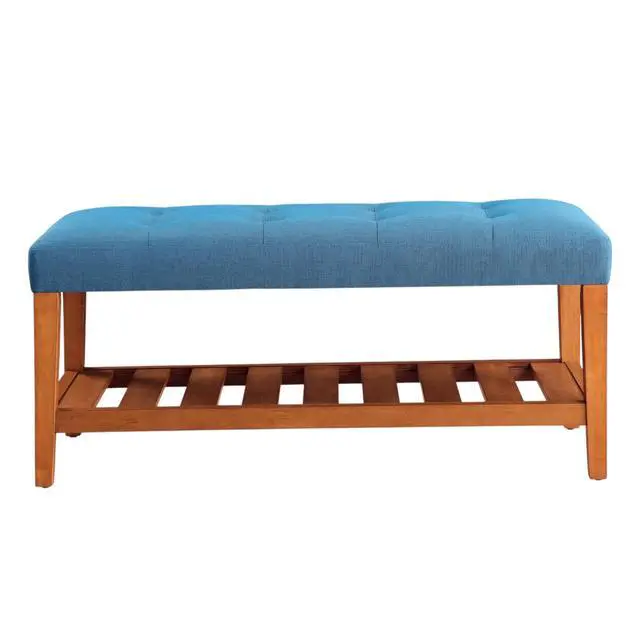 Alt view image 6 of 6 - Charla Light Blue Fabric & Oak Finish Bench