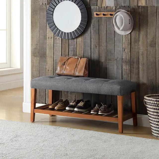 Alt view image 2 of 6 - Charla Gray Fabric & Oak Finish Bench