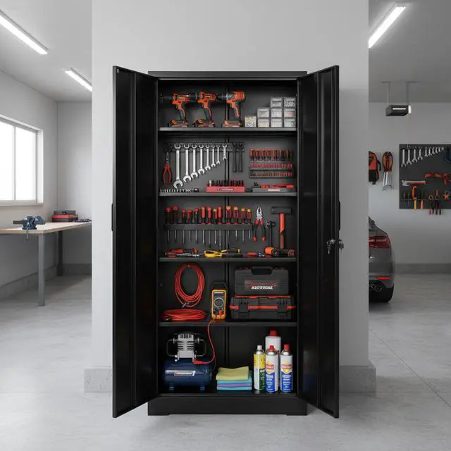 Alt view image 5 of 6 - Container Furniture Direct Ironclad 71" Metal Storage Cabinet with Locking Doors and 4 Adjustable Shelves, Heavy-Duty Steel Cabinet for Garage, Laundry, Office, or Warehouse, Black