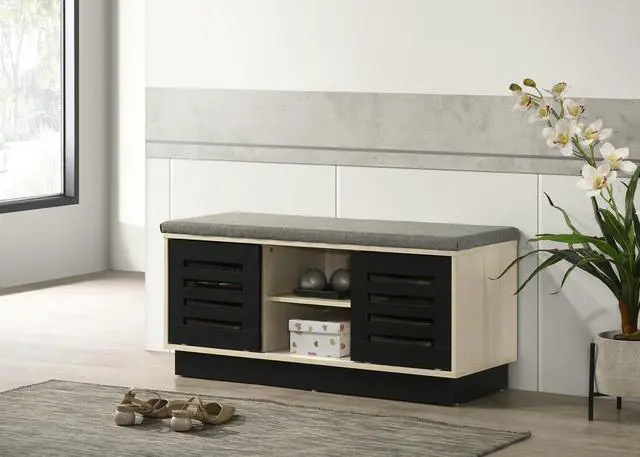Main image of Brio 38.5"W Oak Finish Shoe Cabinet with Sliding Doors, Upholstered Top